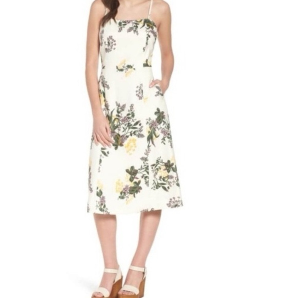 Leith Floral White Linen Midi Dress Boho Feminine Romantic Sundress Euro Summer